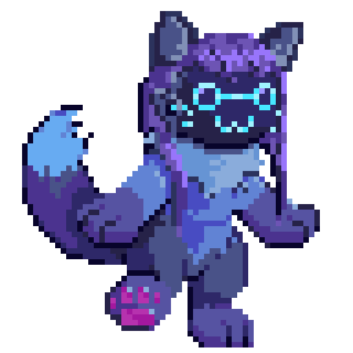 4-frame pixel art animation of Catabit doing a little dance. Catabit
                        leans back and forth as she dances, moving her arms up and down and
                        switching between her legs to balance on. Catabit alternates between a
                        neutral and smiling expression. Her tail swooshes back and forth, and her
                        hair swings from side to side.