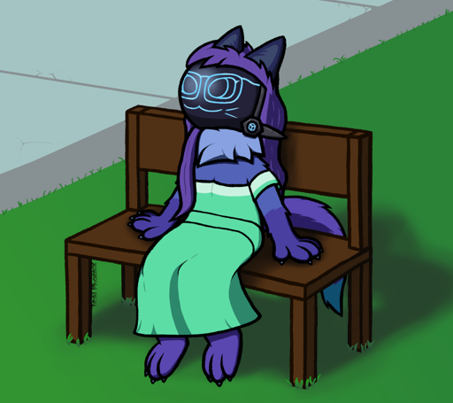 Drawing of Catabit as she sits on a wooden bench in the park. The
                        bench is on some grass beside a sidewalk, and looks like a slightly
                        wider version of an average chair, with a gap in the back rest that
                        allows Catabit's tail to be out the back. Catabit is wearing a green dress,
                        and is resting her arms on the bench as her legs swing. She looks upwards 
                        with a content expression on her face.