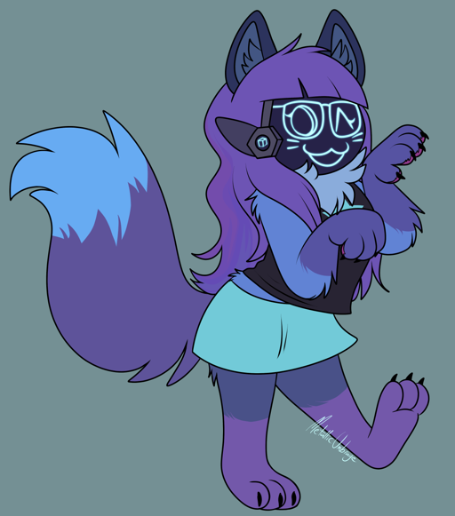 Drawing of Catabit striking a cute pose. Catabit is wearing a black
                        crop with a cyan star on it, and has a miniskirt that's the same color as
                        the cyan star. Catabit has one arm down with its hand curled, and one arm
                        up bent slightly forward, mimicking a pawing cat. Catabit looks happy as
                        she winks at the viewer with a big smile.