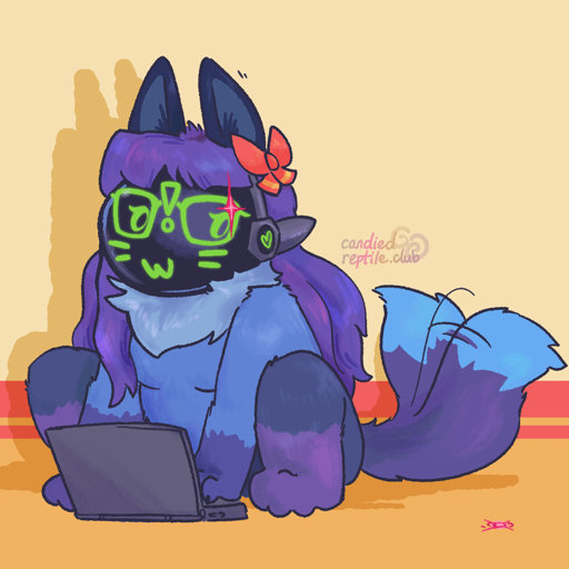 Shaded drawing of Catabit sitting on the floor and using a tiny 
                        laptop. She notices a tiny red laser dot on the right, causing her to
                        twitch her tail excitedly as her visor turns green and an exclamation
                        mark shows on it.