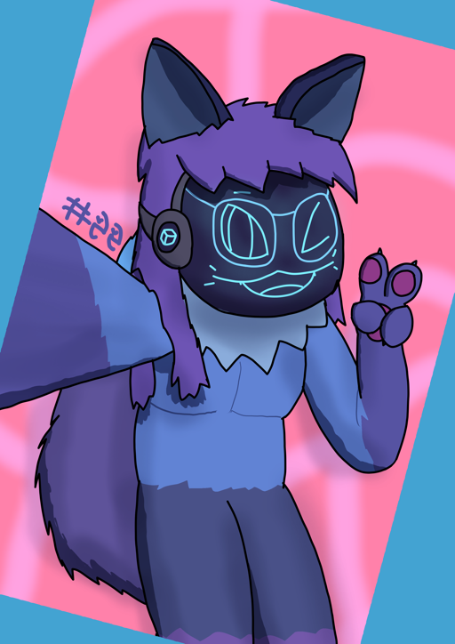Drawing of Catabit standing while leaning slightly forwards. Her
                        right arm is reaching outwards towards the viewer, as if it is being used
                        to take a selfie using a handheld camera. Catabit is smiling and winking
                        as she looks towards the viewer, and her other arm is doing a peace 
                        symbol.