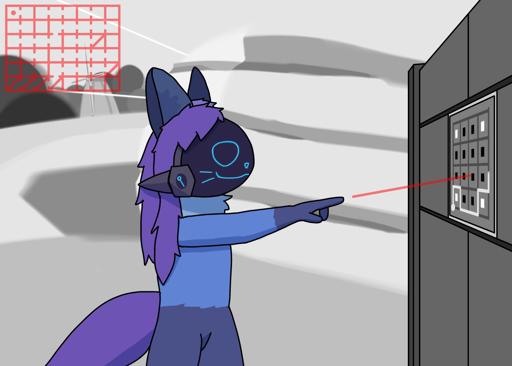 Drawing of Catabit in a colorless landscape. Catabit is looking
                        right, holding one arm up as she points towards a puzzle in the style of
                        the game "The Witness." There is a red line between Catabit and the
                        puzzle, indicating exactly where she's pointing.