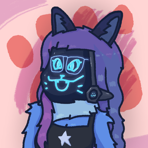 Drawing of Catabit where she has a visor that isn't entirely 
                        spherical. Her face is more catlike, with pupils in the eyes and a nose.
                        Aside from this, she looks mostly as usual, but she is wearing a gray crop 
                        top with a bluish-white star on it. She is in front of a red background 
                        with a paw symbol on it.