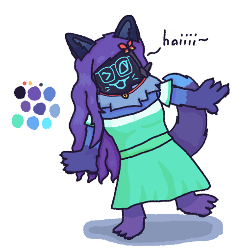 Art of Catabit smiling towards the viewer with a winking expression.
                        Catabit is balanced on one leg, tilted slightly so her other leg and 
                        opposite arm go out while her other arm stays down. Catabit's long wavy
                        purple hair is visible as she tilts her head. Catabit has her bow and
                        collar, as well as a teal dress with an almost-white trim at the top.
                        As she poses, Catabit says "haiiii~"