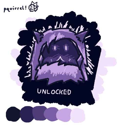 Art of Catabit in a monochromatic purple palette made up of 
                        6 colors, each of which is shown below the art. The art only consists 
                        of Catabit's head, placed over a dark background bordered by a light 
                        one. She is looking slightly up, and her neutral-expression face has 
                        more glow than usual. Underneath her, there is the word "unlocked", 
                        written in all capital letters.