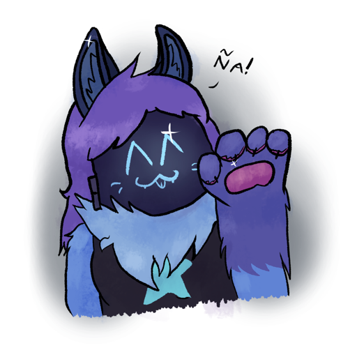 Drawing of Catabit in her usual style raising one paw up and
                        curling it forwards at the viewer. She is saying "ña!" and she has
                        a big smile with two happy eyes.