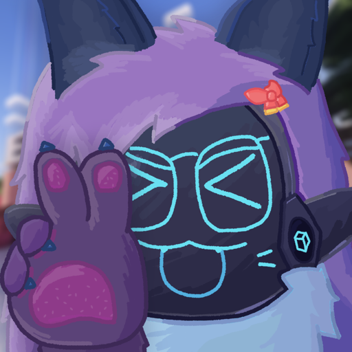Art of Catabit smiling towards the viewer with 
                        her eyes closed. As she smiles, she raises up her paw, holding it in a 
                        peace sign. The art is quite bright, and has plenty of shading. Catabit is
                        in front of a background which is a screenshot from Minecraft.