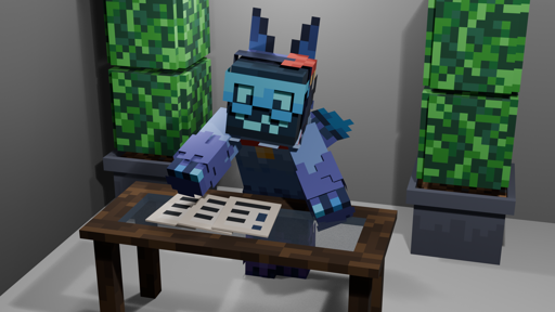 Minecraft-style render of my protogen-cat fursona Catabit in an 
                        office-like room. The room has two bushes in the back, as well as a wooden 
                        table with a glass center, which Catabit leans on. There are 3 papers on 
                        the table with writing, one with an exclamation mark on it.