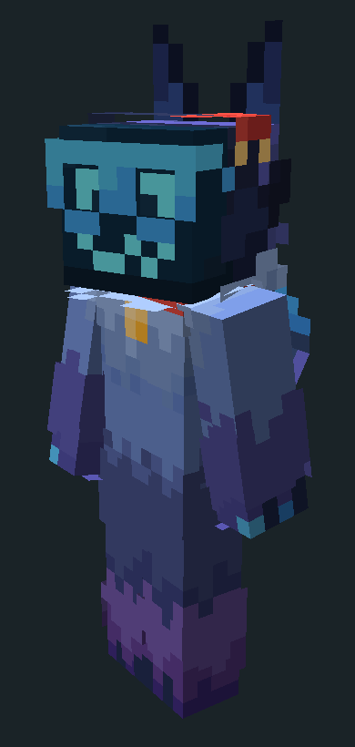 A minecraft skin showcase of my protogen-cat fursona Catabit, facing 
                        left. Her head shows her visor, complete with face and glasses on screen, 
                        as well as a bow on the top. Her ears visibly pop out from the back of her 
                        head, and they are big, blue, and pointy. She has a bit of neck fluff that 
                        extends to her light blue torso, with a collar attached to it. The top 
                        halves of her arms are similar in color to her torso, but the bottom halves 
                        are a dark lavender color, looking like long mittens. Her paws are shown, 
                        showing her painted-blue claws. The lower half of her torso is a darker 
                        tone of the main portion, and sticks out a bit. This color continues down 
                        her legs until the lower half of them are reached, which then becomes a 
                        purple long mitten pattern similar to the arms. Her tail is also barely 
                        visible, but it shows a purple body that becomes a blue tip.