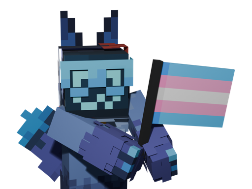 Render of the Minecraft skin of my protogen-cat fursona Catabit 
                        holding a transgender pride flag with both of her paws