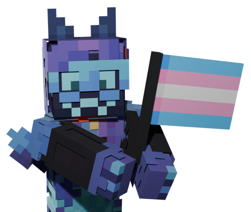 Render of the Minecraft skin of Catabit 
                        holding a transgender pride flag with both of her paws.