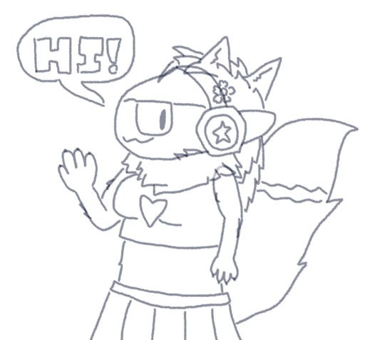 Half-body sketch of my fursona Catabit. Catabit is looking cute and saying hi
                        to the viewer. She is looking straight ahead, but due to her glasses it kinda looks like
                        she is looking at the viewer. She has a little flower in place of her bow. She wears a
                        crop top and a skirt as she is waving her arm. Her big fluffy tail is also visible, and
                        her body is covered in fur. This is a semi-rough sketch, so some lines do appear to overlap.