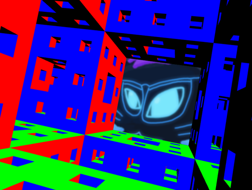 Render of a Menger Sponge, a fractal shape made by a repeating pattern of cubes. This
                        menger sponge's faces are pure red, green, and blue. On the center right, in the large opening
                        in the menger sponge, is Catabit, who is peering into the sponge as if she is much bigger than the
                        viewer. She look inside with her cat-like eyes and a neutral expression, her whiskers visible on
                        the sides of her visor. A bit of neck fluff and head fur is also visible, and she wears glasses as
                        she looks.