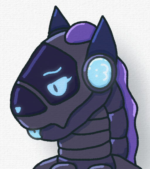Catabit as a synth, a fully robotic creature. She has protogen-like 
                        side visors with end points that point upwards, mimicking her cat ears, 
                        as well as a long singular scale-like piece on the back of her head to 
                        mimic her hair. She has a slightly confused expression, and is sticking 
                        her tongue out.