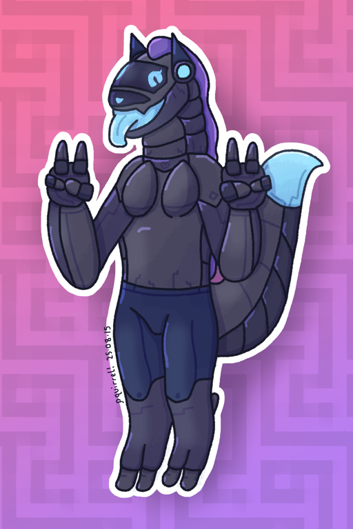 Catabit as a synth again, but shown in full body. The purple metal
                        on the back of her head goes down her back. Catabit also has patterns on
                        her metallic body reminiscent of her main protokitty design. She is
                        sticking her tongue out and looking happy.