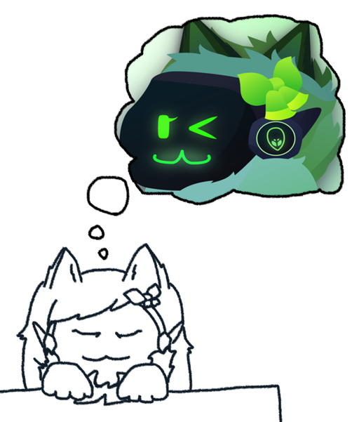 Quick sketch of Catabit sleeping by resting her paws just above a 
                        counter. She looks content and has her eyes closed. Above her is a thought 
                        bubble which shows the original vector illustration of Catabit except with 
                        the colors shifted around to look green.