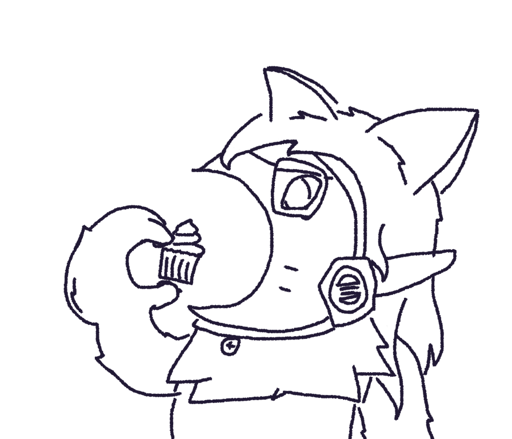 Quick sketch of my Catabit. She is drawn holding 
                        a cupcake in her hand and eating it, with her mouth so wide open that it is 
                        half the size of her head. The cupcake, on the other hand, 
                        is average sized.