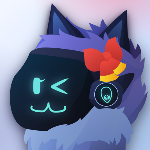 Vector art headshot of a protogen with lavender fur on her head and light-blue fur 
                    on her body. She has two pointy and bluish cat-like ears, and a red bow on her head. 
                    On her visor, she has a neon-teal wink expression with a 3-shaped mouth, and on the side
                    panel of her visor there is a display of Monomon's mask from Hollow Knight. She appears
                    over a plain background with several multicolor gradients.