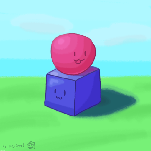 A basic rendered drawing of a blue cube and a red sphere stacked on
                        top of each other in a sunny and grassy environment. The cube and sphere
                        have cute facial expressions on opposite sides.