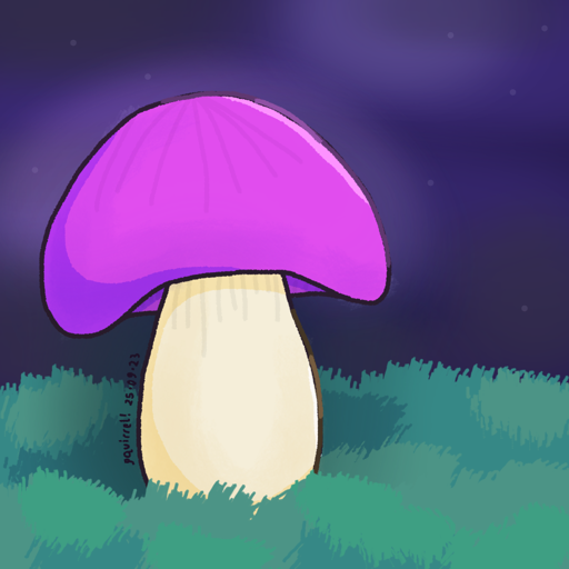 Drawing of a mushroom in a grassy patch at night. The mushroom has a 
                        pale tan base and a purple cap. The grass is various shades of teal, and 
                        the sky is a deep blue, with some stars strewn about. The mushroom's cap 
                        glows slightly.