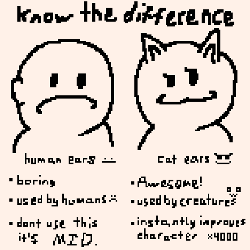 A diagram titled "Know the difference", showing two characters
                        immediately below. One is sad and has human ears, while the other is happy
                        and has cat ears. Below each is some words. The human has "human ears" with
                        a neutral face underneath it, with the following bulleted points: boring,
                        used by humans (sad face), dont use this it's MID. The cat ears creature has
                        "cat ears" with a cool face, with the following bulleted points: Awesome!,
                        used by creatures owo, instantly improves character x4000.