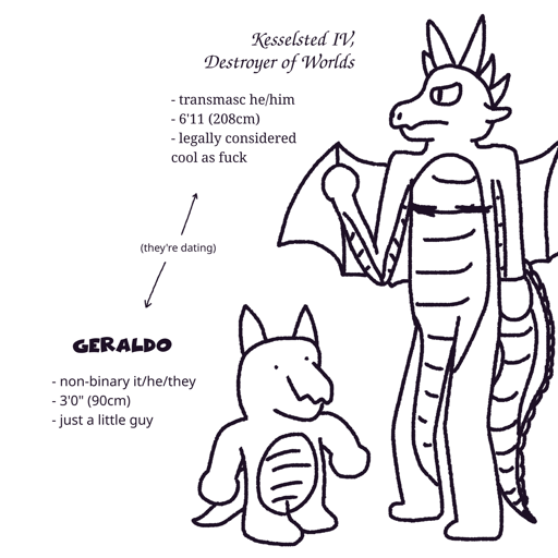Sketch of a little kobold next to a big dragon. The little kobold, 
                        named Geraldo, has squat proportions, with its head almost the same size 
                        as his torso and barely any leg that isn't feet. It looks kinda happy and 
                        has two dotted eyes. Some text describes it as "non-binary it/he/they," 
                        "3 feet 0 inches (90cm)," and "just a little guy." Standing to his right 
                        is the dragon Kesselsted IV, Destroyer of Worlds. Kesselsted is tall and 
                        lanky, and has many features on his body including horns, wings, a tail, 
                        and top surgery scars. He looks determined. Next to him is some more 
                        labels, describing him as "transmasc he/him," "6 feet 11 inches (208cm)," 
                        and "legally considered cool as fuck." Some arrows point between the two 
                        sets of labels describing both characters, pointing from a bit of text 
                        in the middle that says "they're dating."