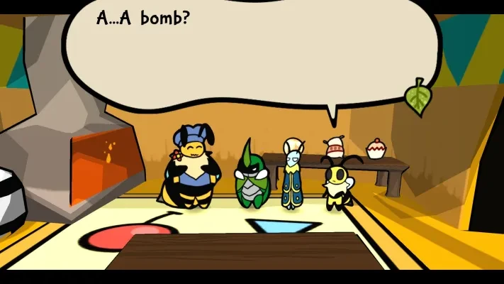 Screenshot of dialogue between Team Snakemouth and Crisbee. Vi is currently telling Crisbee "A...A bomb?"