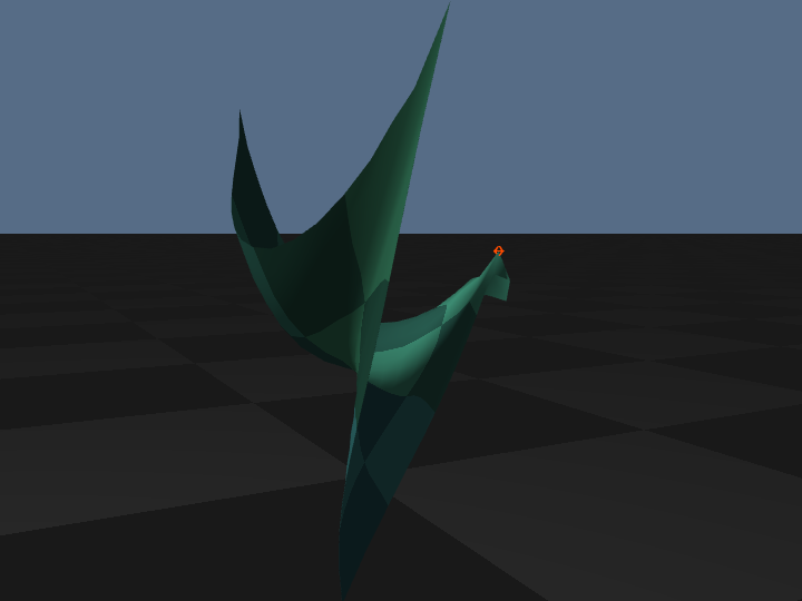 Screenshot of a simulated piece of cloth hanging by a few points creating several folds. The cloth is in a featureless dark plane with a light sky.