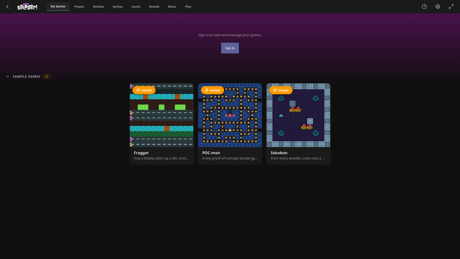The New Sploder game editor. There's only 1 editor, shown throughout the whole screen. This screenshot shows the editor's landing page, inviting the user to sign in to manage their games or to pick one of 3 sample games to load up.