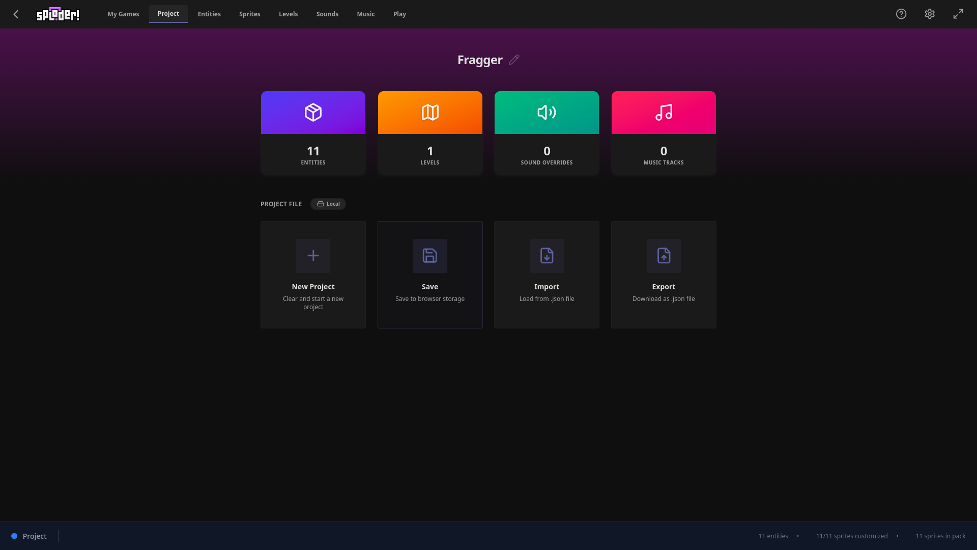 The New Sploder Project Tab. It shows 4 square options, for entities, levels, sound overrides, and music tracks, as well as 4 actions below: New Project, Save, Import, and Export. The UI is in the same generic style as before, but now there's also a bar at the bottom too. It has the current tab name again on the bottom left, as well as a few pieces of random information in the bottom right